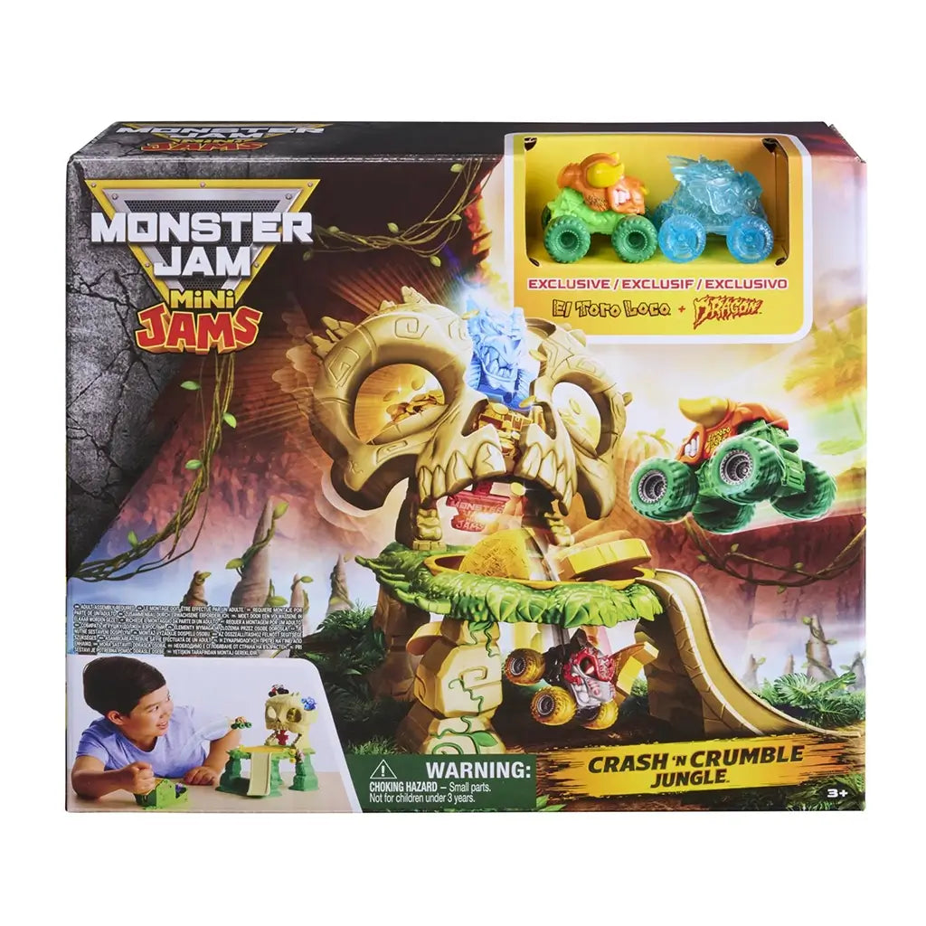 Monster Jam Mini Jams Crash ’n Crumble Jungle playset box showing tan skull temple, green jungle textures, yellow trap platform, and exclusive El Toro Loco and Dragon mini trucks, designed for smash-and-crash jungle play.