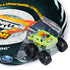 Monster Jam Avenger mini truck in lime green die-cast body with flame graphics and skull decal, compact pickup shape on large black rubber tires, positioned next to packaging on a white background.