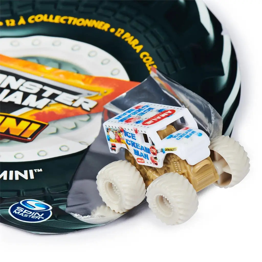 Monster Jam Ice Cream Man mini truck in white plastic body with colorful ice cream graphics and decals, boxy van shape on chunky beige rubber tires, placed beside packaging on a white surface.