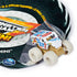 Monster Jam Ice Cream Man mini truck in white plastic body with colorful ice cream graphics and decals, boxy van shape on chunky beige rubber tires, placed beside packaging on a white surface.