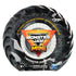 Monster Jam Mini mystery package shaped like a black tire with molded rubber texture, circular form featuring bold logo graphics and warning text, presented against a clean white background.