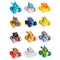 Monster Jam mini monster truck set in assorted bright plastic colors and textures, small stylized vehicle shapes with oversized wheels, arranged in a grid layout on a clean white background for display.