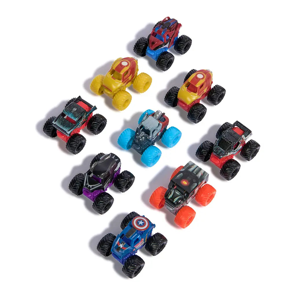 Monster Jam mini trucks in multicolor plastic and metal finishes, small rugged body shapes with oversized tires for stunt play, arranged in a neat grid on a clean white background for collectible display