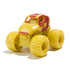 Iron Man Monster Jam mini truck in yellow and red plastic with oversized textured tires, compact lifted body style for action stunt play, displayed isolated on a clean white studio background