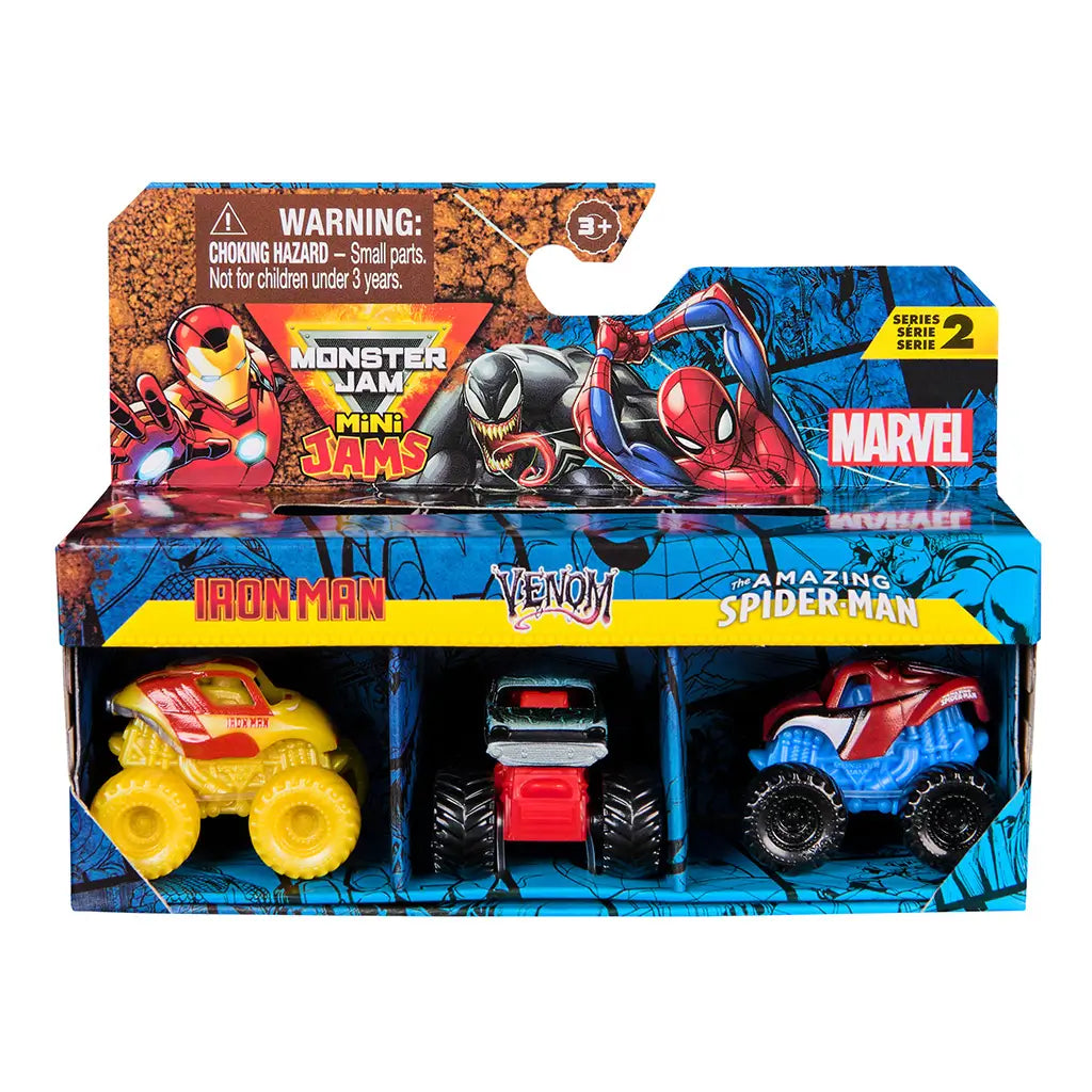 Monster Jam Mini Jams Marvel truck set in bright red, yellow, and blue plastic and metal finishes, chunky oversized tire shapes for stunt play, retail packaging showing Iron Man, Venom, and Spider-Man graphics