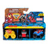 Monster Jam Mini Jams Marvel truck set in bright red, yellow, and blue plastic and metal finishes, chunky oversized tire shapes for stunt play, retail packaging showing Iron Man, Venom, and Spider-Man graphics