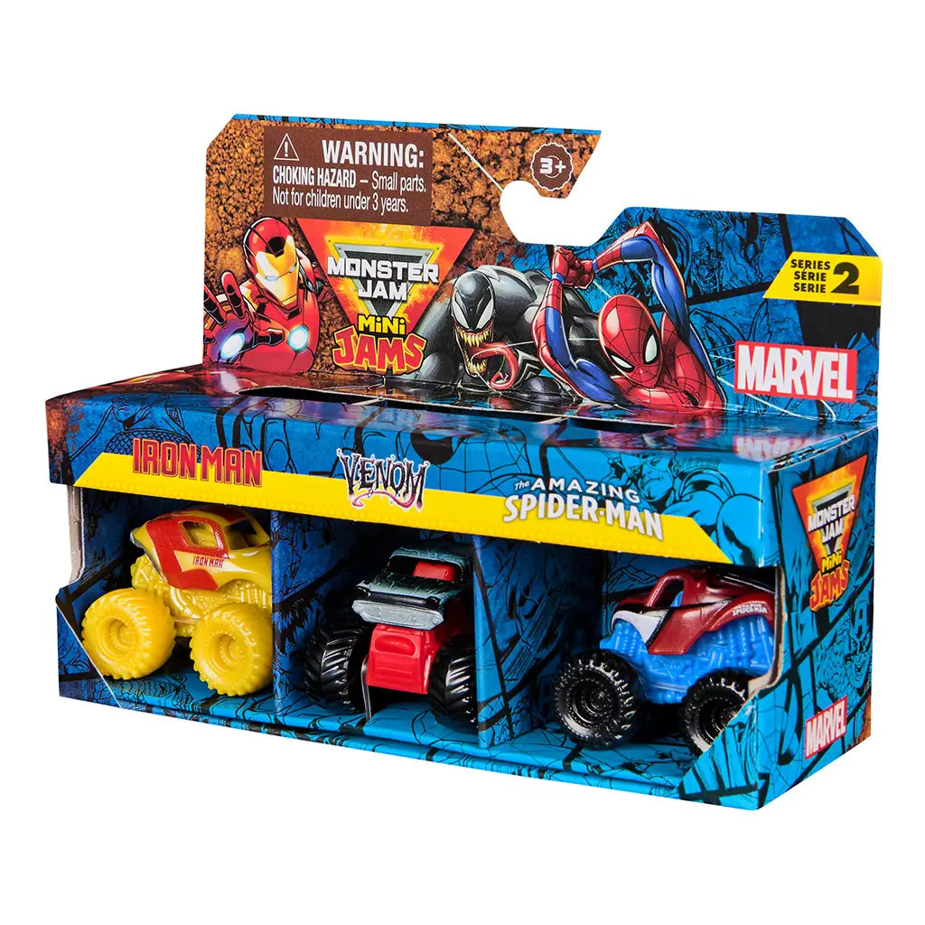 Monster Jam Mini Jams Marvel toy trucks in red, yellow, and blue plastic and metal, compact oversized wheel designs for action play, packaged set featuring Iron Man, Venom, and Spider-Man branding on display box