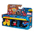 Monster Jam Mini Jams Marvel toy trucks in red, yellow, and blue plastic and metal, compact oversized wheel designs for action play, packaged set featuring Iron Man, Venom, and Spider-Man branding on display box