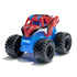 Spider-Man Monster Jam mini truck in red and blue plastic with black rubber tires, compact raised body and oversized wheel design for stunt racing play, shown isolated on a clean white background