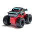 Venom Monster Jam mini truck in black and teal plastic with red chassis and large rubber tires, compact lifted body design for stunt play, isolated on a clean white studio background