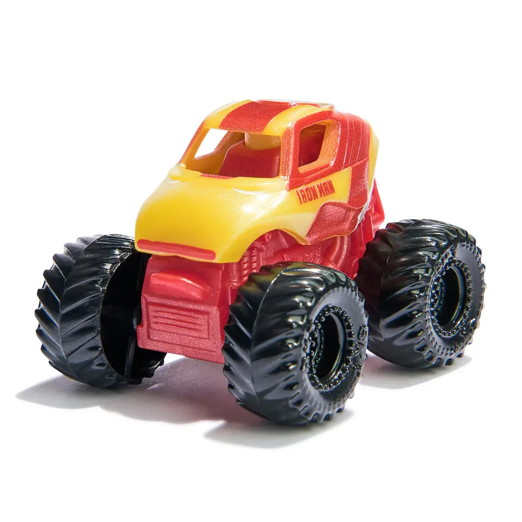 Monster Jam Iron Man mini truck in red and yellow plastic with smooth glossy finish, oversized black textured wheels, compact monster truck toy design for play, displayed on a clean white studio background.
