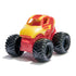 Monster Jam Iron Man mini truck in red and yellow plastic with smooth glossy finish, oversized black textured wheels, compact monster truck toy design for play, displayed on a clean white studio background.