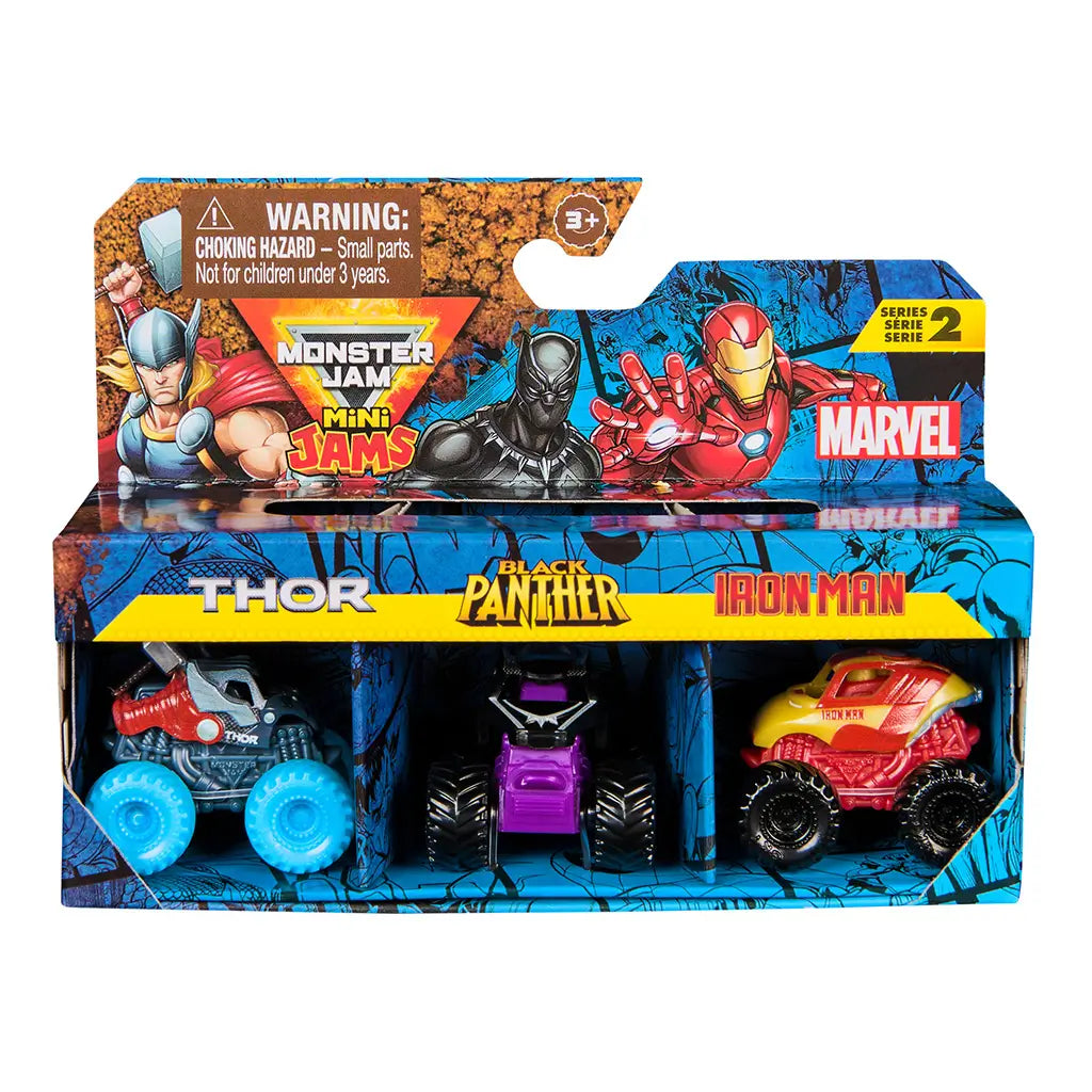 Monster Jam Mini Jams Marvel toy set in blue printed cardboard box with bold character artwork, angular display packaging featuring three mini monster trucks for kids, shown against a plain white studio backdrop.