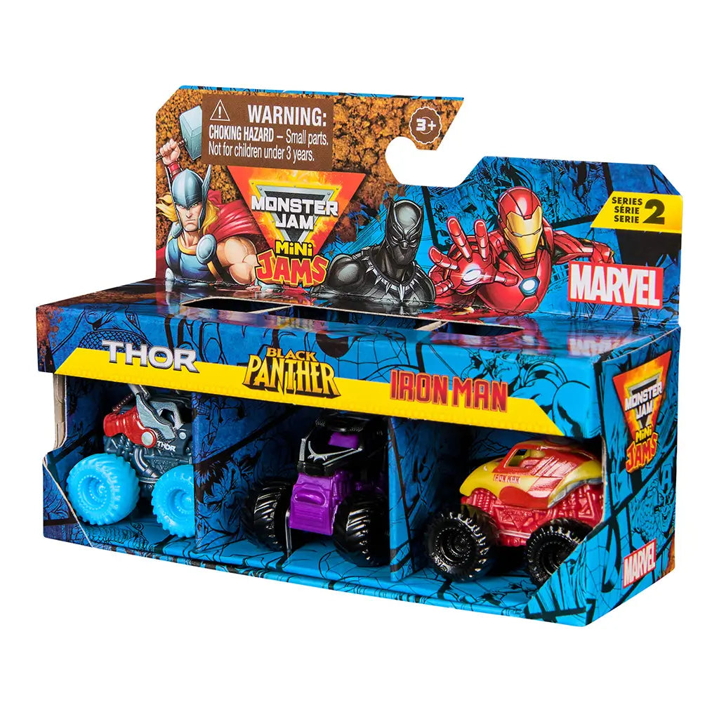 Monster Jam Mini Jams Marvel Thor Black Panther Iron Man toy set in blue cardboard retail box with colorful comic graphics, rectangular display packaging holding three mini monster trucks on a white studio background.