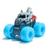 Monster Jam Thor mini truck in gray and red plastic with metallic hammer detail, large light blue textured wheels, compact monster truck toy form for play, placed on a bright white studio background.