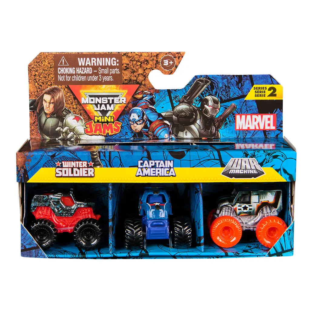 Monster Jam Mini Jams Marvel toy set in blue cardboard retail box featuring colorful comic graphics, rectangular display packaging with three mini monster trucks for play on a plain white studio background.