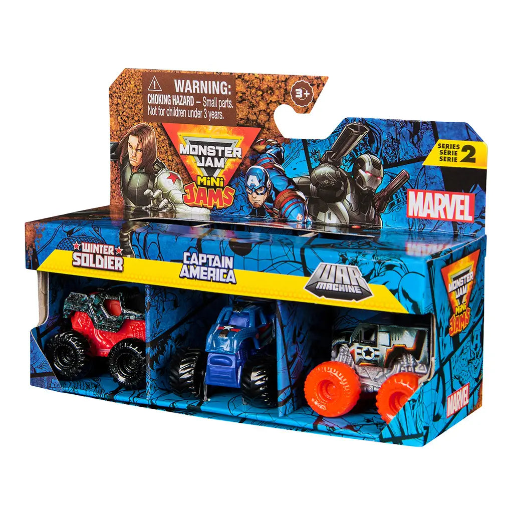 Monster Jam Mini Jams Marvel trucks set in blue printed cardboard box with character art, angular display packaging holding three mini monster trucks designed for kids, shown against a clean white background.