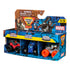 Monster Jam Mini Jams Marvel trucks set in blue printed cardboard box with character art, angular display packaging holding three mini monster trucks designed for kids, shown against a clean white background.