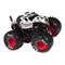 Monster Jam Monster Mutt Dalmatian toy truck in white and black spotted metal body with textured dog face design, oversized rubber tires and red wheel rims, isolated on a white background.