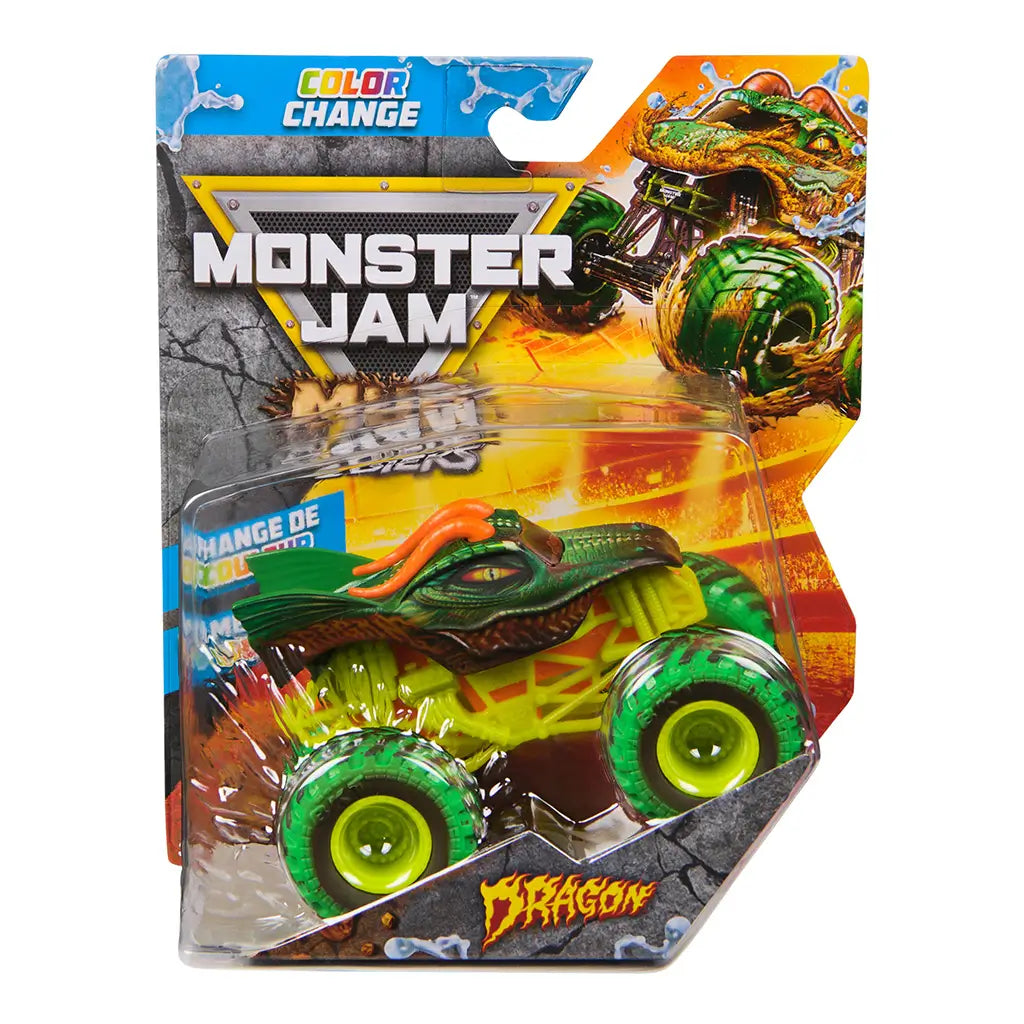 Monster Jam Dragon color change toy truck in green and orange plastic with scaly texture and horned dragon shape, oversized green tires, displayed in retail packaging with bold logo and action graphics background
