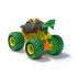Monster Jam Dragon toy truck in green and orange plastic with scaly texture and winged body shape, oversized treaded tires, rear angled view highlighting detailed chassis and rugged monster truck design on white background
