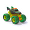Monster Jam Dragon toy truck in green and orange plastic with textured scales and horned dragon head shape, oversized treaded tires, front angled view designed for play, isolated on a clean white background