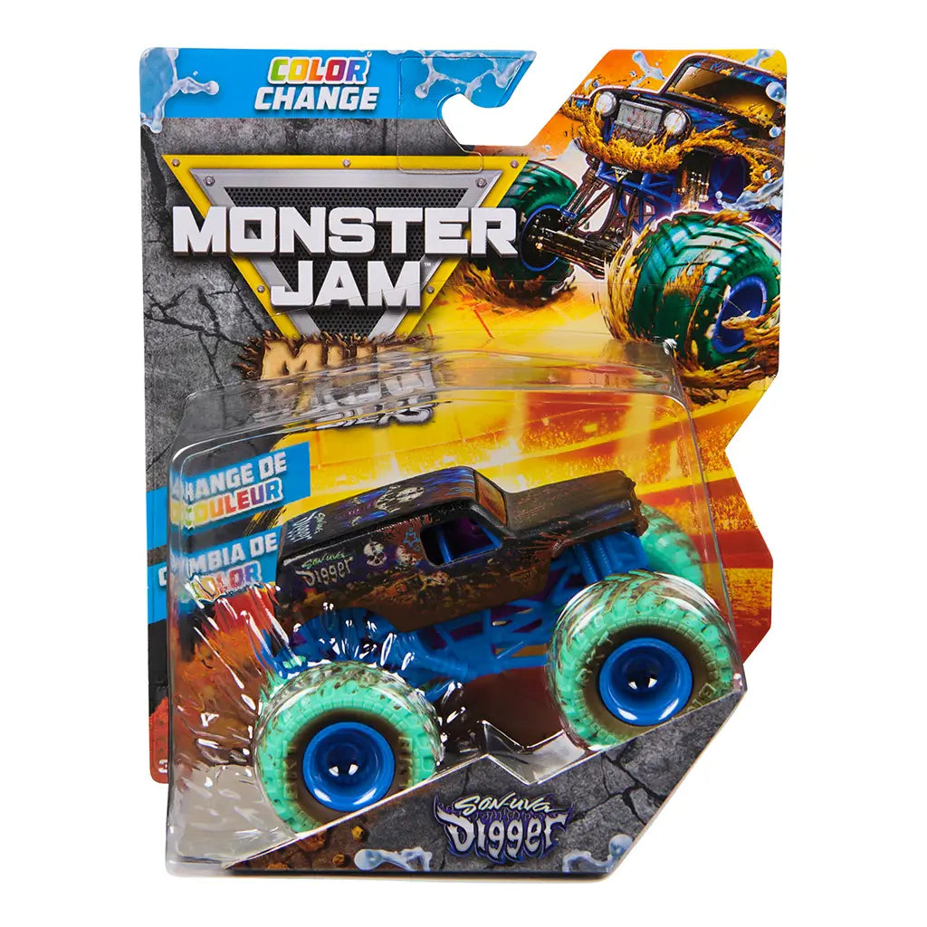 Monster Jam Son-uva Digger color change toy truck in black and teal plastic with mud detailing, green tires and blue rims, rugged monster truck form, packaged in bold retail box with logo and action graphics