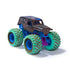 Monster Jam Son-uva Digger toy truck in black plastic with mud detailing, oversized green tires and blue rims, compact monster truck shape for play, angled front view isolated on a clean white background