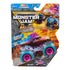 Monster Jam Sparkle Smash color change toy truck in pink, blue, and brown plastic with mud detailing, teal tires and pink rims, unicorn-themed monster truck form, packaged in bold retail box with logo and action graphics
