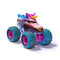 Monster Jam Sparkle Smash toy truck in pink and blue plastic with mud detailing, oversized teal tires and pink rims, unicorn-themed monster truck shape for play, angled front view isolated on a clean white background