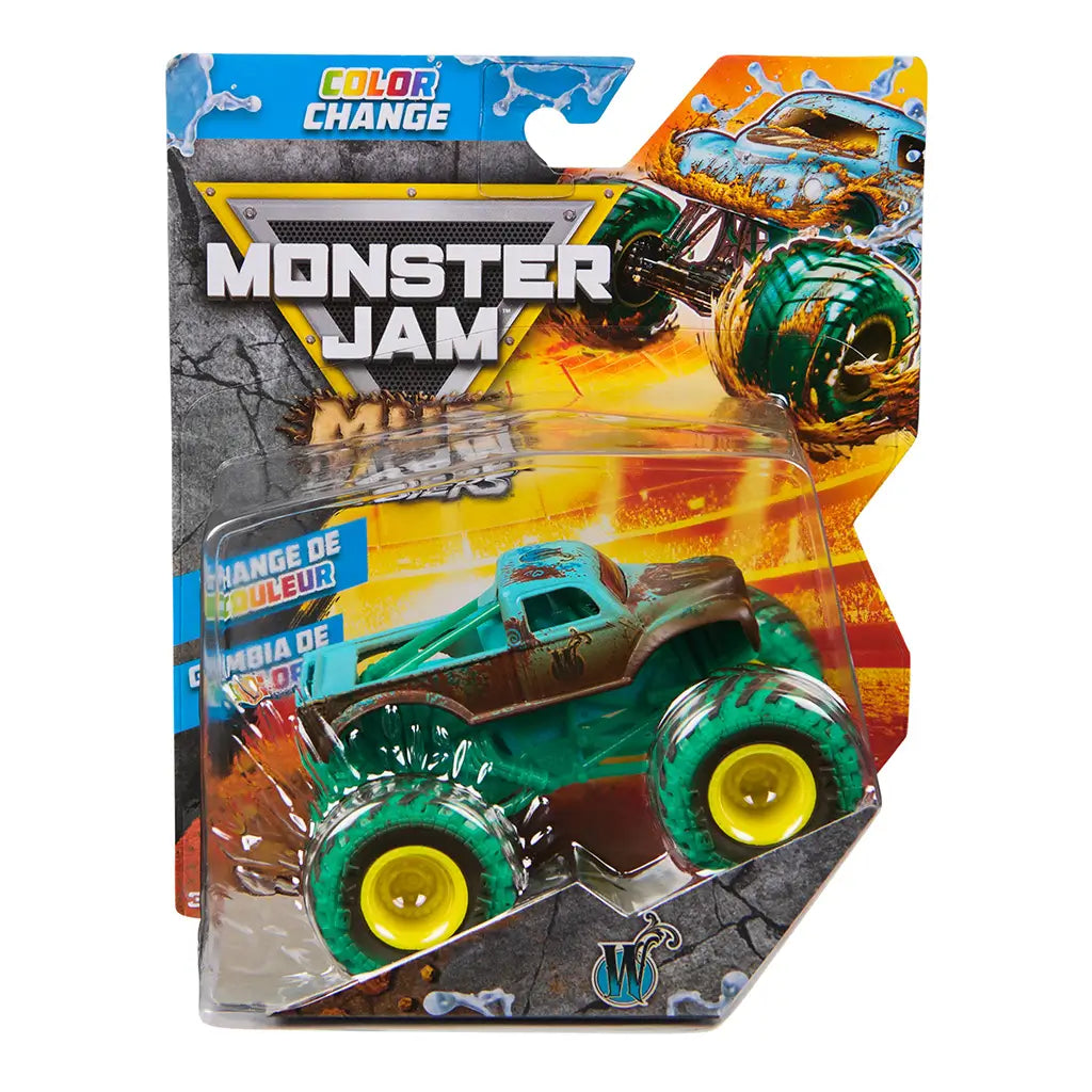 Monster Jam color change toy truck in teal and brown plastic with mud detailing, large green tires and yellow rims, rugged monster truck form, packaged in bold retail box with logo and action graphics background