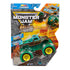 Monster Jam color change toy truck in teal and brown plastic with mud detailing, large green tires and yellow rims, rugged monster truck form, packaged in bold retail box with logo and action graphics background
