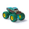 Monster Jam mud blasters toy truck in teal and brown plastic with dirt effect texture, oversized green tires and yellow rims, compact monster truck form for play, isolated on a clean white background