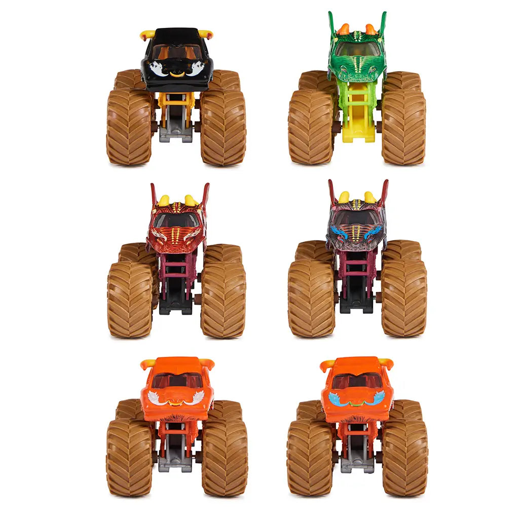 Monster Jam Mystery Mudders toy trucks in bright plastic colors with muddy textured tires, oversized monster truck shapes, front view lineup highlighting grille designs on a clean white background.