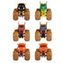 Monster Jam Mystery Mudders toy trucks in bright plastic colors with muddy textured tires, oversized monster truck shapes, front view lineup highlighting grille designs on a clean white background.