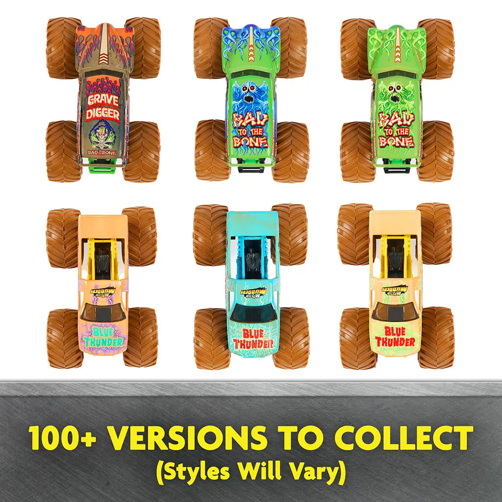 Monster Jam Mystery Mudders toy trucks in multicolor plastic with muddy brown tires, oversized monster truck shapes, top-down view showing graphic designs and variations on a clean white background.