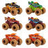 Monster Jam Mystery Mudders toy trucks in bold multicolor plastic with textured muddy brown tires, oversized monster truck shapes for play, arranged in a grid layout on a clean white background.