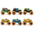 Monster Jam toy trucks in green, blue, and yellow with plastic bodies, oversized rubber tires, and elongated shapes, shown in side profile to highlight detailed graphics and collectible styling on white background.