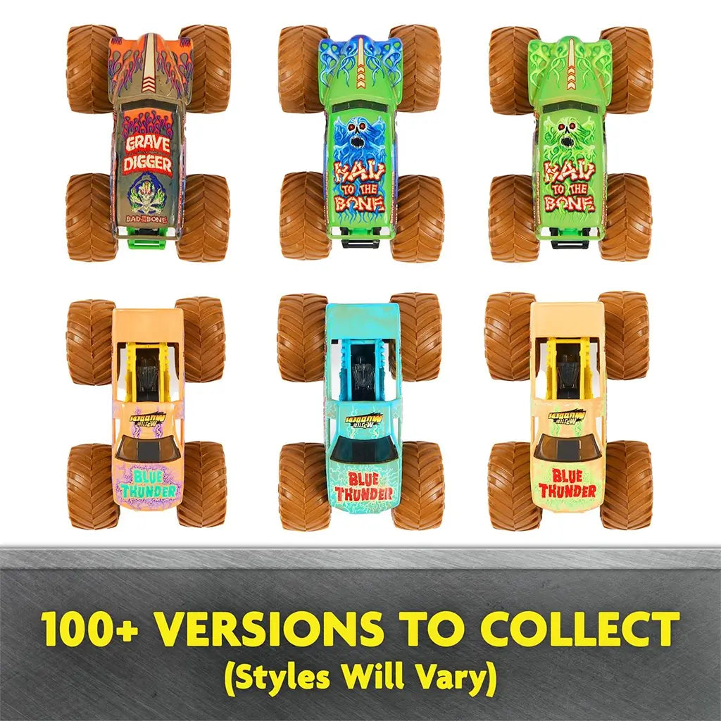Monster Jam toy trucks with multicolor graphics, plastic bodies, large textured rubber tires, and compact shapes, displayed in a top-down grid emphasizing variety and collectible versions on a white surface.