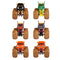 Monster Jam toy trucks in assorted bold colors with molded plastic bodies, oversized textured rubber tires, and compact shapes, designed as collectible mini monster trucks, displayed front-facing on a clean white background.
