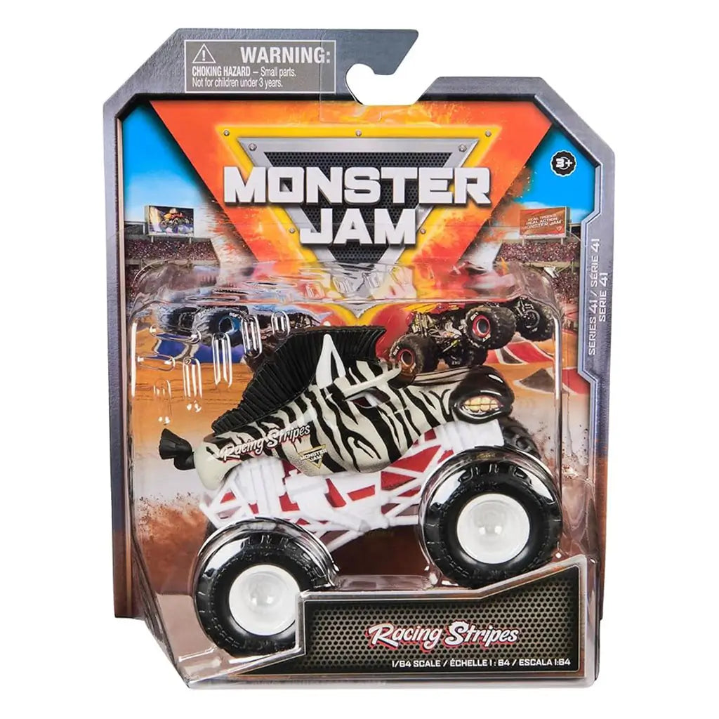 Monster Jam Racing Stripes 1:64 scale diecast monster truck in package, featuring zebra-themed black and white body with red chassis and oversized black tires.