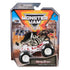 Monster Jam Racing Stripes 1:64 scale diecast monster truck in package, featuring zebra-themed black and white body with red chassis and oversized black tires.