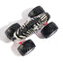 Top view of Monster Jam Racing Stripes 1:64 diecast truck, highlighting zebra stripe pattern, sculpted mane, and four rugged black wheels with white hubs.
