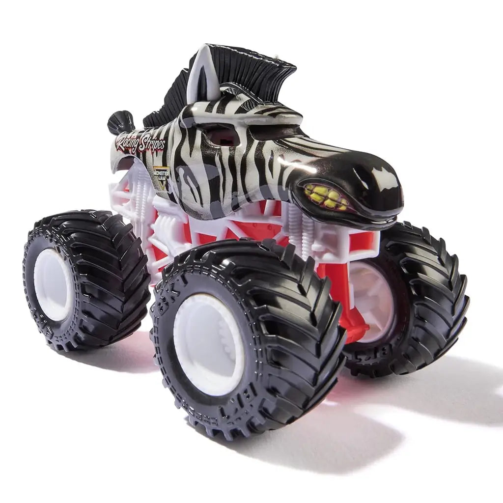 Monster Jam Racing Stripes 1:64 diecast monster truck, designed with zebra stripes, mohawk mane detail, and black oversized wheels on a white and red chassis.