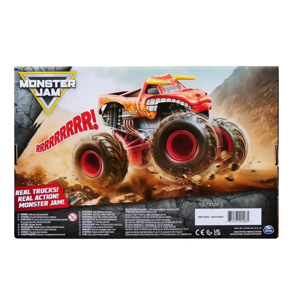 Monster Jam El Toro Loco Rev ’n Roar monster truck packaging back showing action photography, rocky stunt setting, bold branding, and play feature descriptions, highlighting realistic monster truck design and revving sound play.