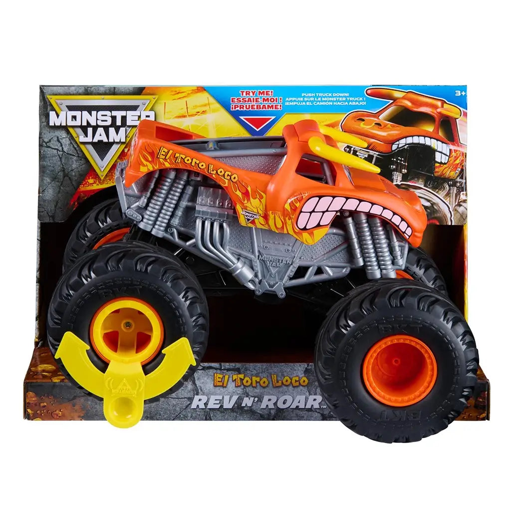Monster Jam El Toro Loco Rev ’n Roar monster truck in bright orange plastic with flame graphics, oversized black rubber tires, and bull horn details, shown in front retail packaging designed for interactive push-and-play sound action.