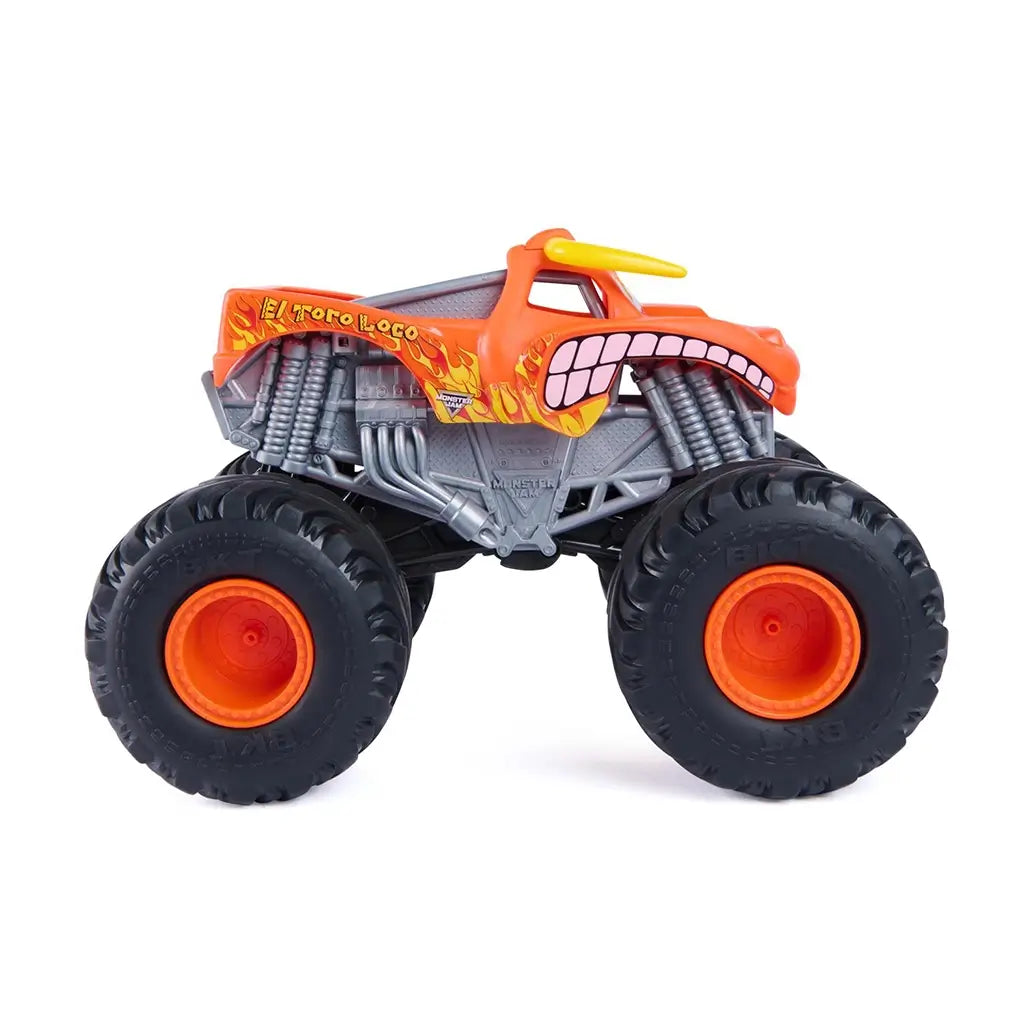 Monster Jam El Toro Loco Rev ’n Roar monster truck in bright orange plastic with yellow horns, flame side graphics, exposed gray engine detail, and oversized black tires, shown in side profile on a white background.