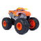 Monster Jam El Toro Loco 1:15 scale monster truck toy in orange and yellow plastic with flame decals, exposed gray chassis, oversized treaded tires, and bull horn styling, displayed loose on a clean white background.
