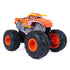Monster Jam El Toro Loco 1:15 scale monster truck toy in orange and yellow plastic with flame decals, exposed gray chassis, oversized treaded tires, and bull horn styling, displayed loose on a clean white background.