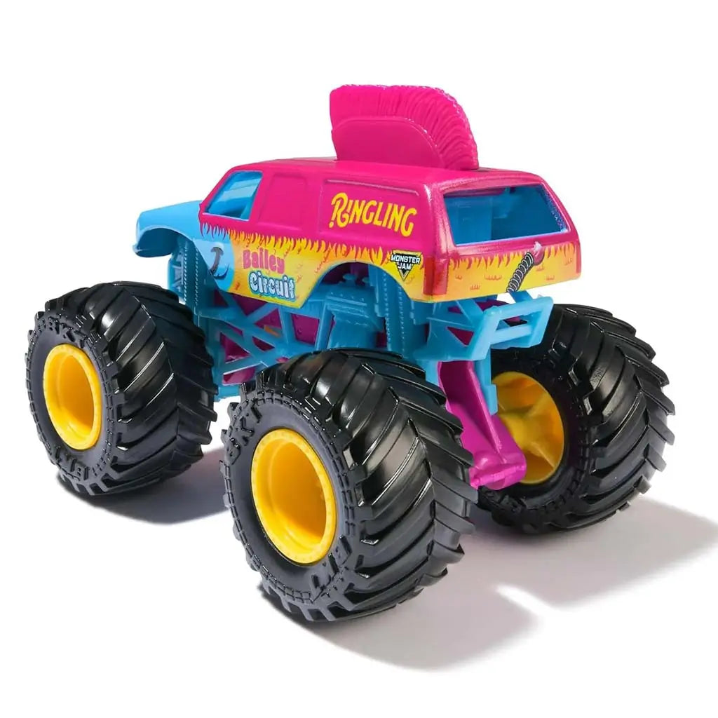Blue and pink Monster Jam Ringling Bailey Circuit toy truck with glossy plastic texture, oversized black treaded tires and yellow hubs, shown from rear angle on clean white background.